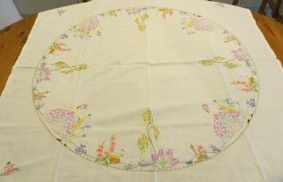 Vintage White Fine Linen Hand Embroidered Tablecloth 40.  5 X 43 Inches