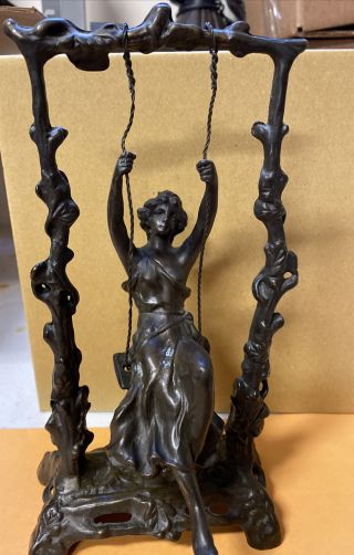 Vintage Moreau Bronze Metal French Art Nouveau Girl On Swing Sculpture Statue