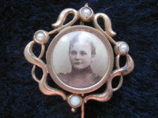 Antique German Art Nouveau Pin W/ Celluloid Photo Of A Woman 3 Pearls 1 Opal