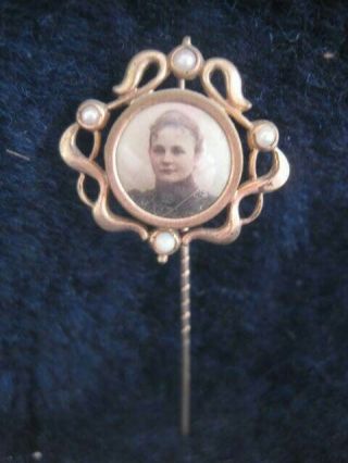 Antique German Art Nouveau Pin w/ celluloid photo of a woman 3 pearls 1 opal 2