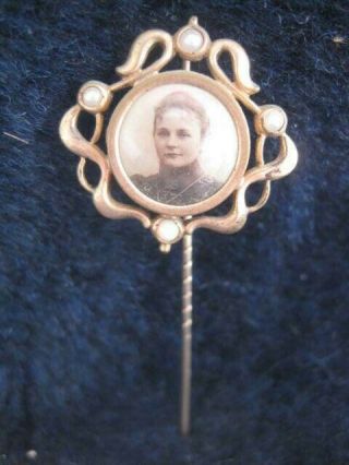 Antique German Art Nouveau Pin w/ celluloid photo of a woman 3 pearls 1 opal 3