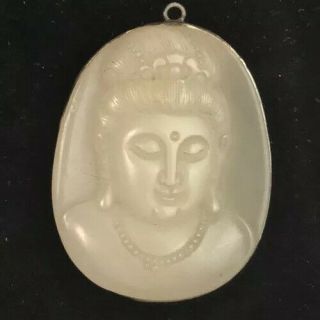 Rare Old Antique Chinese Carved Hetian White Jade 925 Sterling Silver Pendant