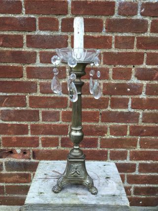 Antique French Cherub Brass Table Lamp With Crystals