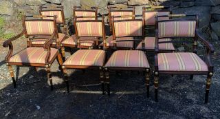 Magnificent Rare Set 8 Baker Mahogany Black & Gilt Regency Style Dining Chairs