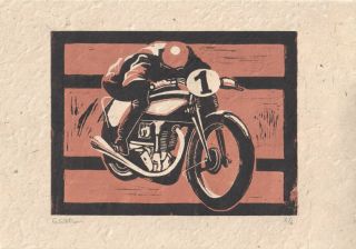 Vintage Tt Motorcycle Lino Cut Print Limited Edition Of 6