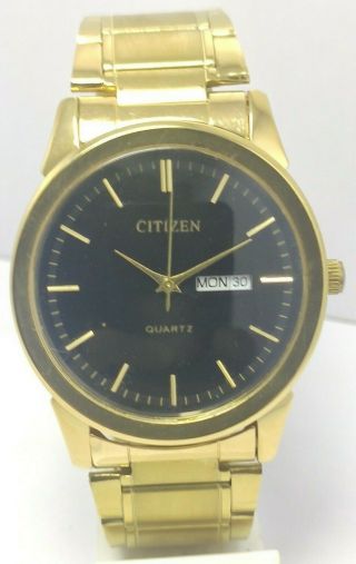 Vintage Japan Made Citizen Quartz Day&date Black Dial Wrist Watch Men 