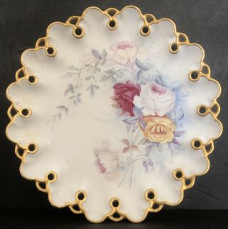 Antique Porcelain Cabinet Plate Hand Painted Flowers Articulated Gold Trimmed