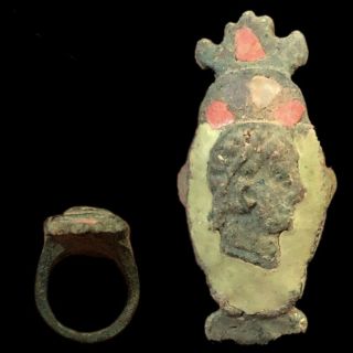 Ancient Roman Bronze Coloured Enamelled Bust Finger Ring - 200 - 400 Ad (16)