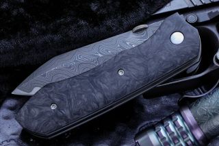 Scott Hansen Knives " Sever " Carbon Fiber,  Timascus Clip,  3.  4 " Damascus - Rare