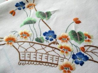 Vintage Tablecloth - Hand Embroidered Baskets Of Flowers - 42 " Sq.  Linen