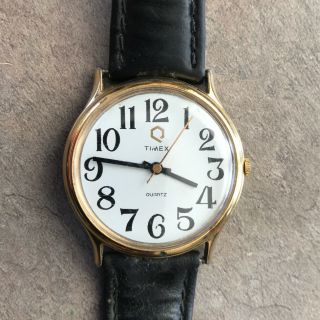 Vintage Timex Q Men’s Watch M - Cell Gold Tone With Black Leather Strap Bin D