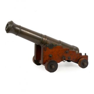 19th Century Rare English George Iii Mahogany & Brass Antique Signal Cannon