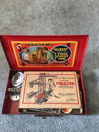 Rare 1938 Erector Set In Red Metal Gilbert “big Boy” Tool Chest No.  1/2