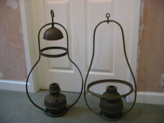Two Vintage Brass Hanging Lampe Veritas Oil Lamps Without Shades