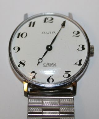 Avia 17 Jewels Gents Vintage Wrist Watch Running White Dial Easy
