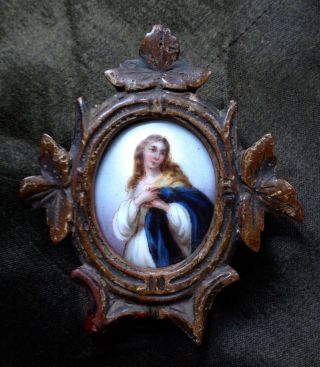 Antique French Portrait Miniature Painting Virgin Mary On Porcelain Wood Frame