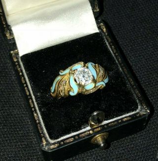 Antique 18k Gold 3/4 Carat Old Mine Cut Diamond Enamel Ring Gorgeous Rare