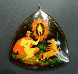 Rare Vintage Russian Palekh Lacquer Hand Painted Pendant - Signed N.  Xonyu
