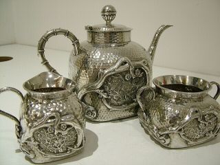 Rare Seal Marked Antique Chinese Export Solid Silver Tea Set Naturalistic 731