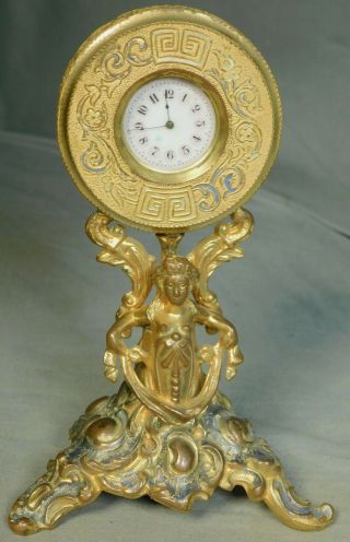 Antique Gilt Metal Clock Enamel Dial Female Caryatid Art Nouveau Jenning Bros