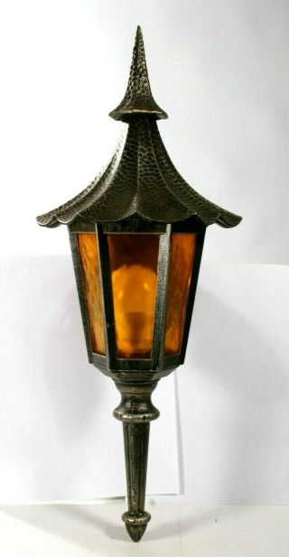 Vintage Phoenix Lighting Antique Bronze Amber Glass Outdoor Porch Lantern Light