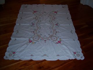 Vintage White Hand Embroidered Tablecloth,  Crotchet & Scallop Edge 160 X 117cm
