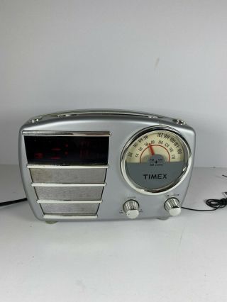 Retro Timex Silver Alarm Clock Am/fm Radio Battery Back - Up Model T247s