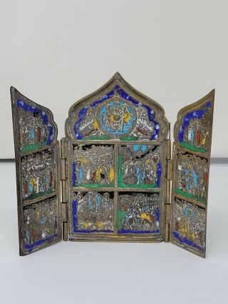 Antique Russian Bronze Tryptych Icon With Enamel