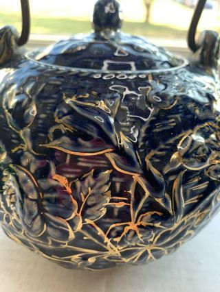 Rare Antique Royal Blue Gold Leaf Basket Weave Tea Pot