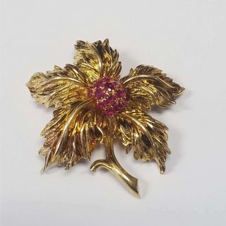 Rare Tiffany & Co 18k Yellow Gold Ruby Flower Pin Brooch Jewelry Tcrfp1