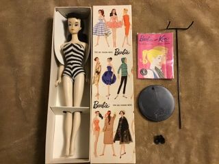 Vintage 3 Brunette Ponytail Barbie,  Rare Blue Eyeliner,  R Box,  R Stand,  Booklet