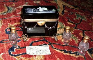 Antique Rare Mary Gregory Glass Perfume Casket W/original 3 Bottles Ormulu
