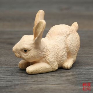 Chinese China Natural Wood Hand Carved Boxwood Animal Rabbit Statue Sculpture
