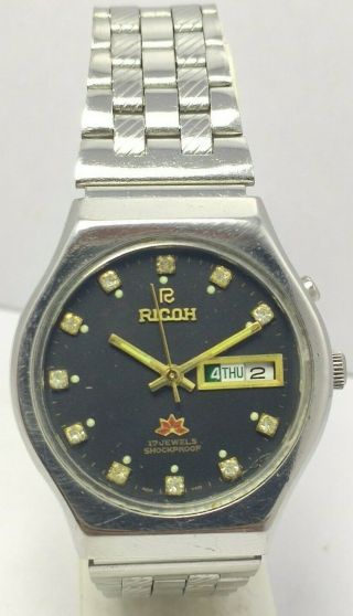 Rare Vintage Japan Made Ricoh Day&date Black Automatic 17j Wrist Watch For Men 
