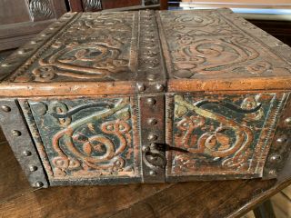 Rare 18th Century Carved And Painted Strong Box.  Iron Bound Dated 1743 M.  N.  D.