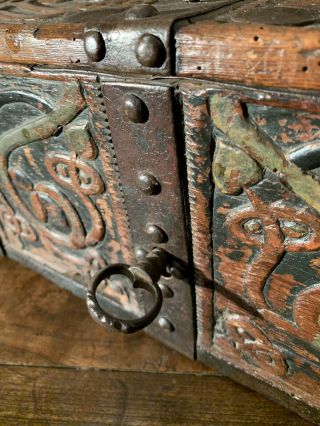 Rare 18th Century Carved And Painted Strong Box.  Iron Bound Dated 1743 M.  N.  D. 2