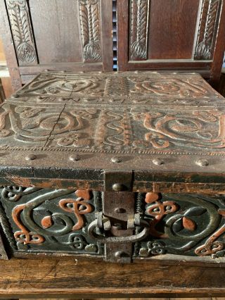 Rare 18th Century Carved And Painted Strong Box.  Iron Bound Dated 1743 M.  N.  D. 3