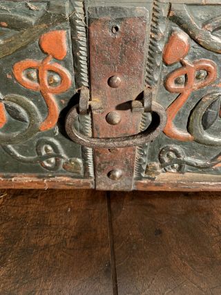 Rare 18th Century Carved And Painted Strong Box.  Iron Bound Dated 1743 M.  N.  D. 5