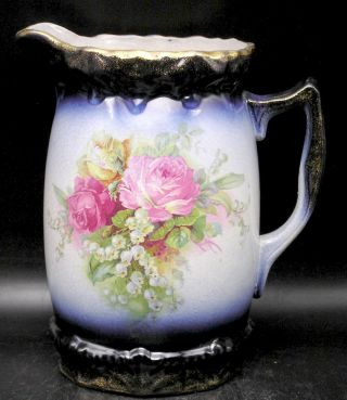 Early Antique Flow Blue Pitcher W Roses - 7.  5 " High