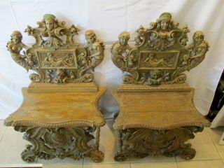 Rare Matched Pair Antique Italian Renaissance Sgabello Carved Walnut Hall Chairs