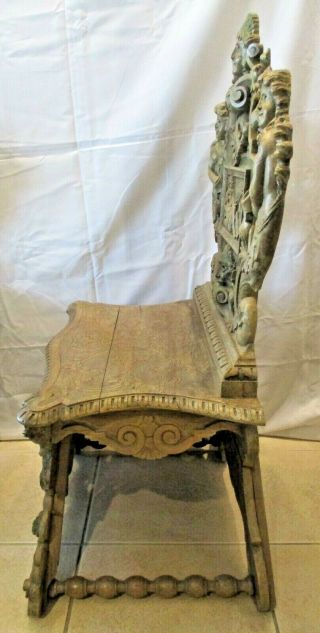 Rare Matched Pair Antique Italian Renaissance Sgabello Carved Walnut Hall Chairs 6