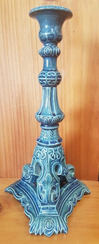 Antique Blue Majolica Pottery Whillem Schiller Sons Candlestick 1880s Victorian