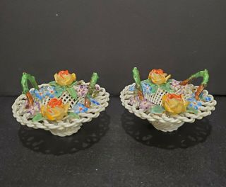 2 Antique 1906 - 1930 Crown Staffordshire Porcelain Lattice Woven Floral Baskets