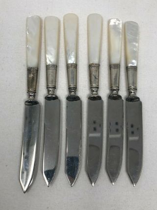 Antique Mother Of Pearl Handle Silver Plate Set Of 6 Fruit Knives