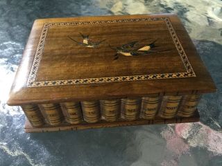 Antique Vintage Wooden Trinket Box W Inlaid Birds & Locking Sliding Book Front