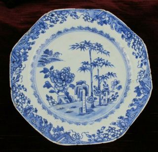 Antique 18th Century Chinese Qianlong Blue & White Porcelain Plate Scholar Rock