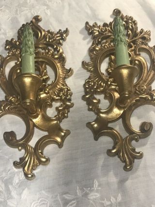 Set Of 2 Vintage Wood Floral Wall Sconce With Wood Candles Mid Century