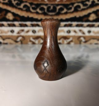 Antique,  Miniature Vase Made Of Old Bog Oak,  Inscription From Rune Signs.