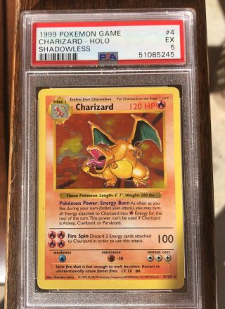 Psa 5 Charizard 1999 Pokemon Base Unlimited Shadowless 4/102 Holo Rare Ex