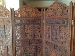 Vintage Ornate Solid Wood Asian Hand Carved 4 Panel Room Divider 80 " Wide Rare
